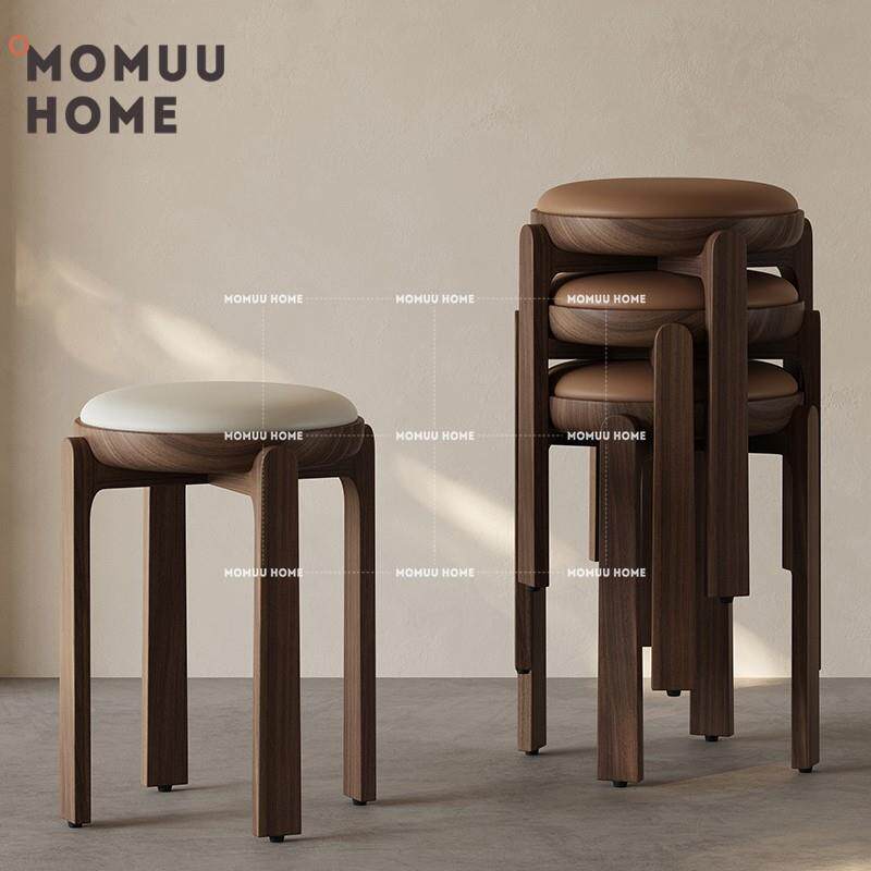 MOMUU HOME实木凳子家用结实耐用软包圆凳餐桌凳高级感中古矮凳