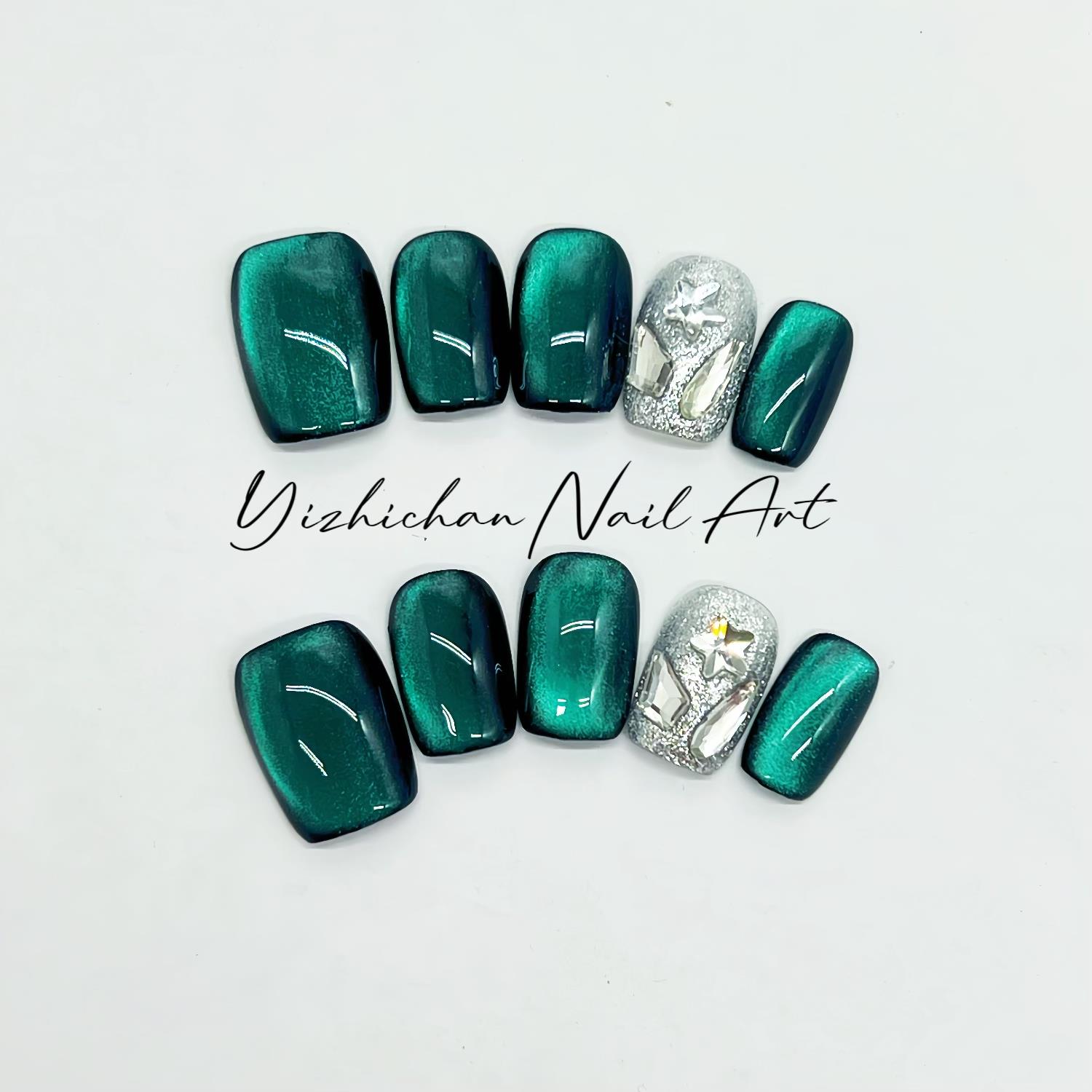 高级覆古墨尔本绿猫眼纯手工穿戴甲气质显白短款简约小众美甲成品