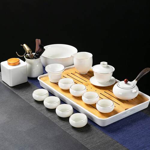 描金羊脂玉瓷功夫茶具套组家用陶瓷侧把防烫泡茶器整套白瓷壶现代