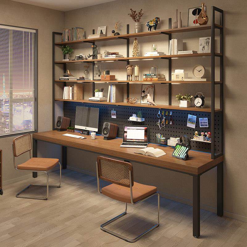 loft实木书桌书架一体桌双人稳固长电脑桌简约书房学习桌卧室书柜