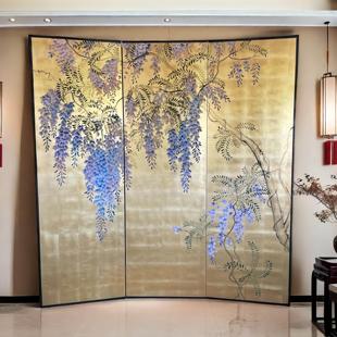 漆画手绘紫藤花金箔屏风客厅茶室摄影装饰新中式简约日式隔断定制