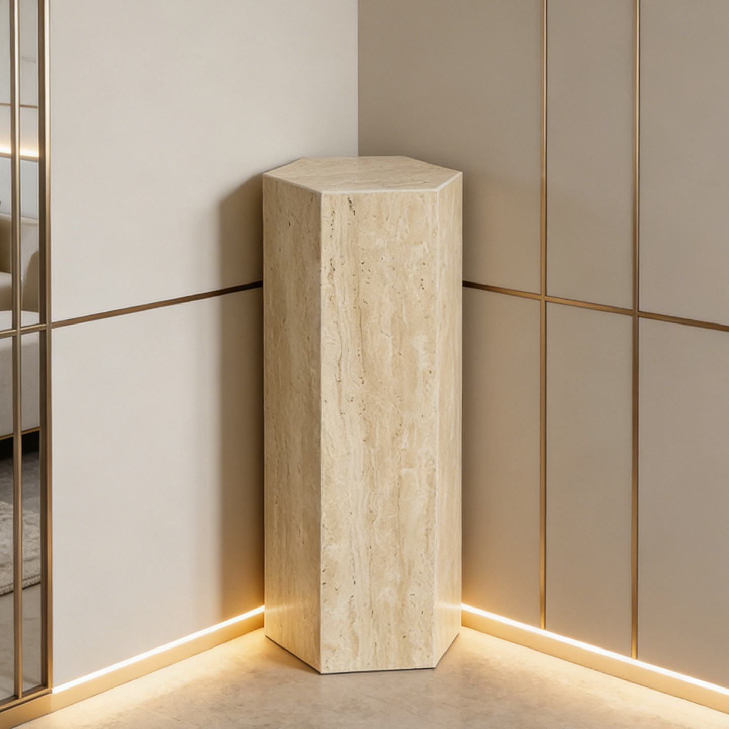 六边形大理石摆件底座天然洞石装饰摆件盆景底座工艺品展示台定制