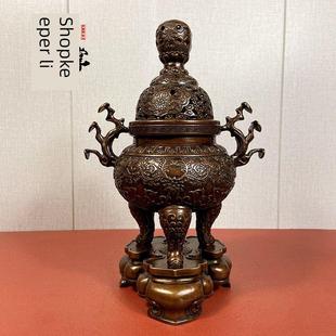 彷古铜大纯铜雕底座三脚灵芝耳香炉摆件黄铜香炉宣德炉