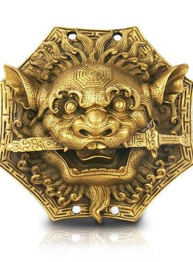 纯黄铜狮咬剑牌铜狮子头挂件八卦镜虎头牌兽头睚眦吞口海神摆件