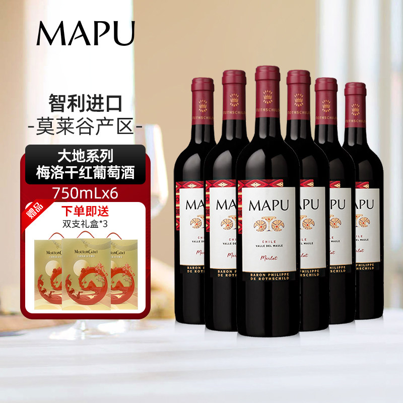 大地MAPU梅洛干红葡萄酒智利原瓶进口红酒750ml六支整箱