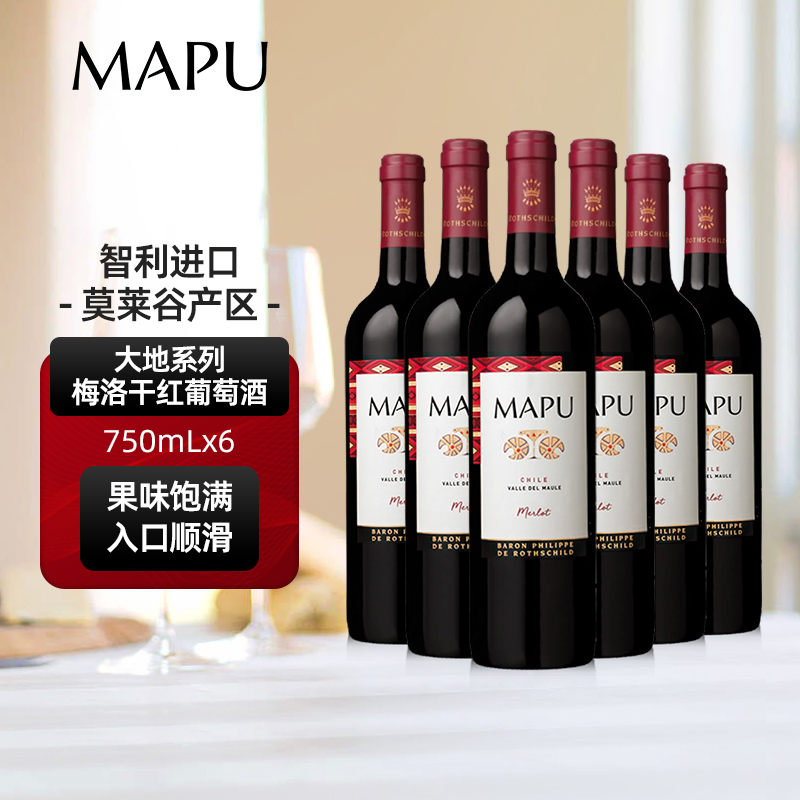 大地MAPU梅洛干红葡萄酒智利原瓶进口红酒750ml六支整箱