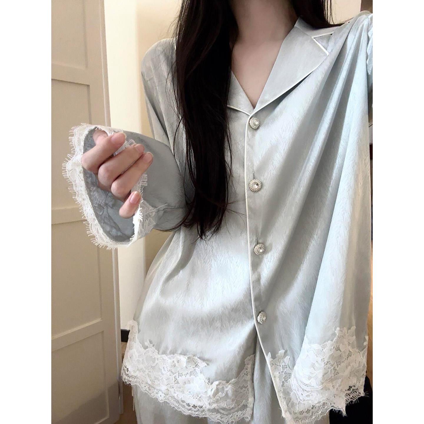 高级感轻奢蕾丝花边开衫睡衣女春季2026新款亲肤冰丝家居服两件套