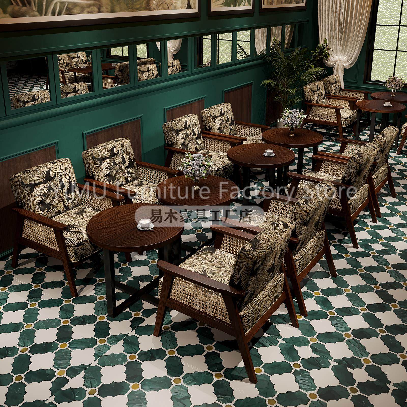 中古实木编藤沙发椅复古餐厅餐桌椅组合餐饮店靠背双人休闲椅商用