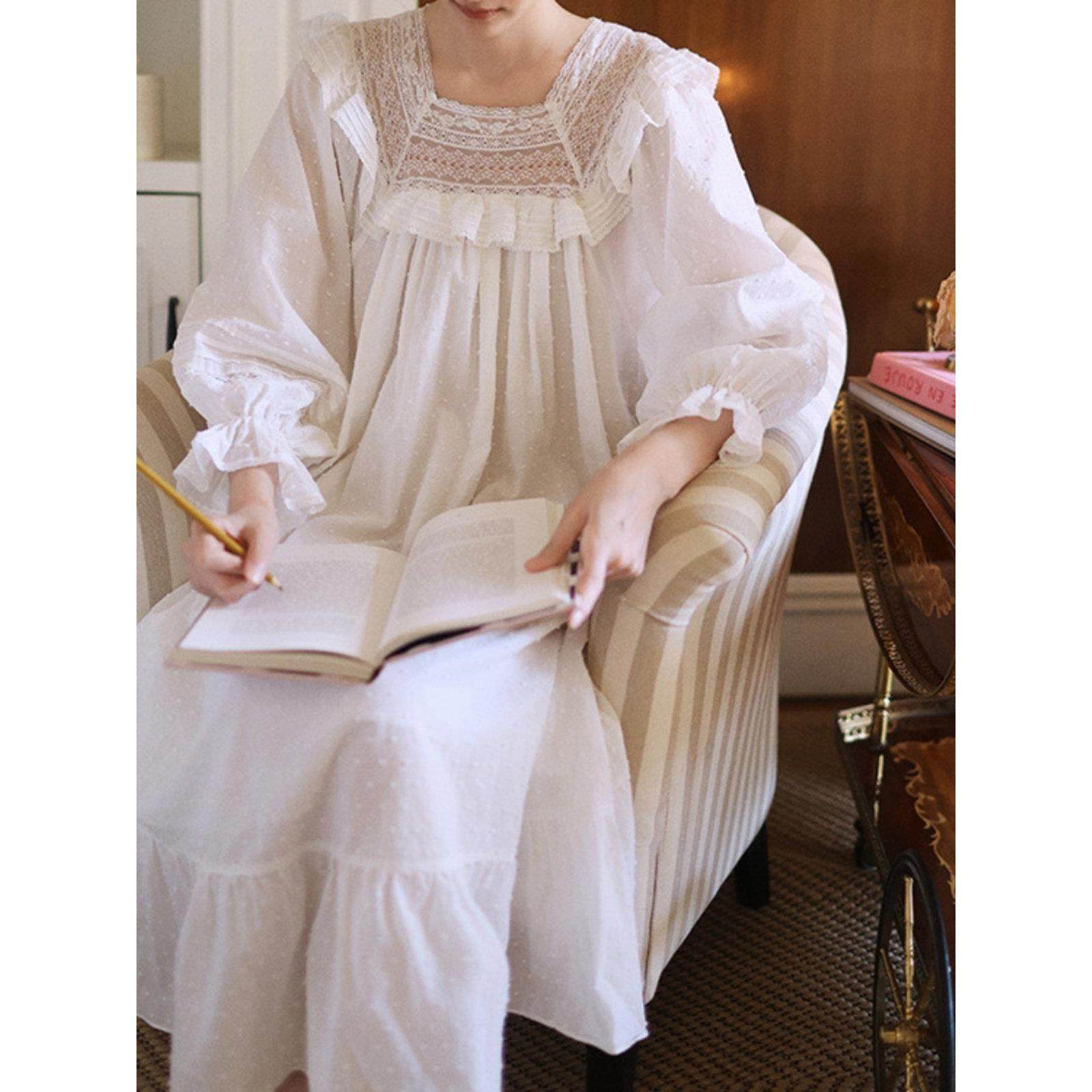 法式覆古宫廷风甜美宽松睡裙纯棉甜美公主风长袖长裙睡衣女春秋冬