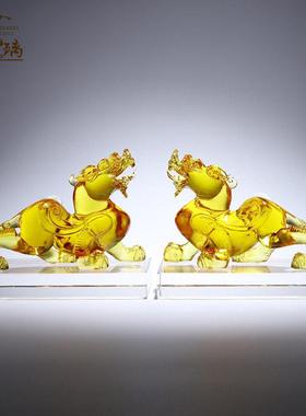 琉璃招财镇宅貔貅摆件一对金黄色水晶工艺礼品摆饰客厅装饰乔迁礼