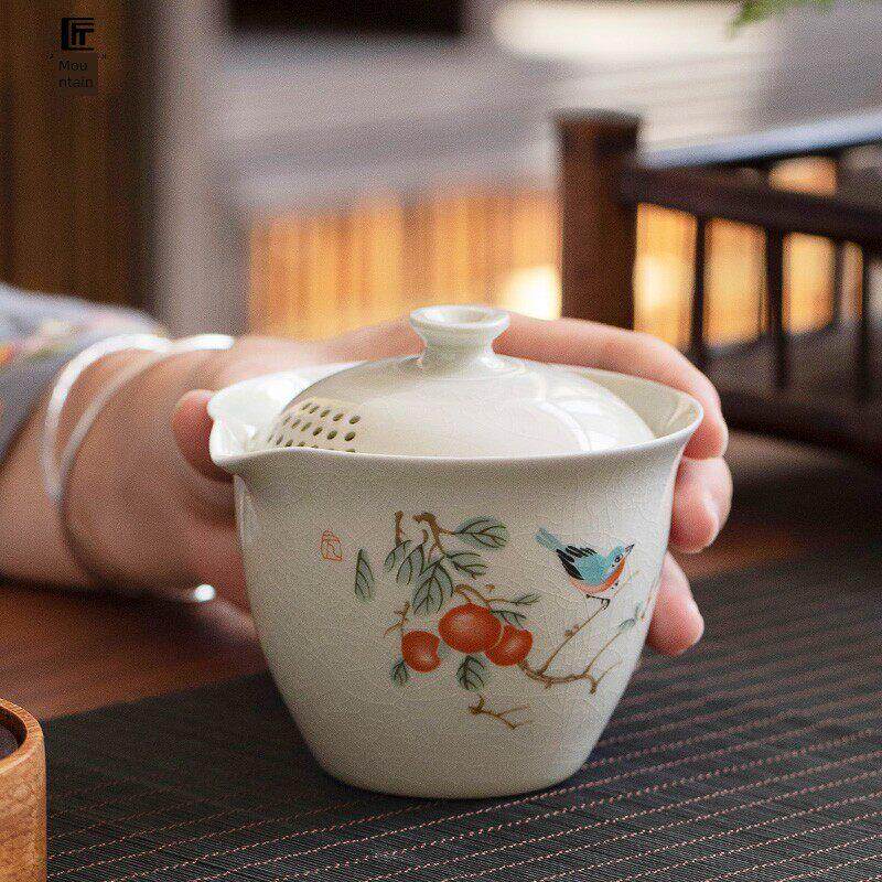 汝窑冰裂盖碗家用单开式覆古功夫茶具陶瓷茶壶防烫手提壶