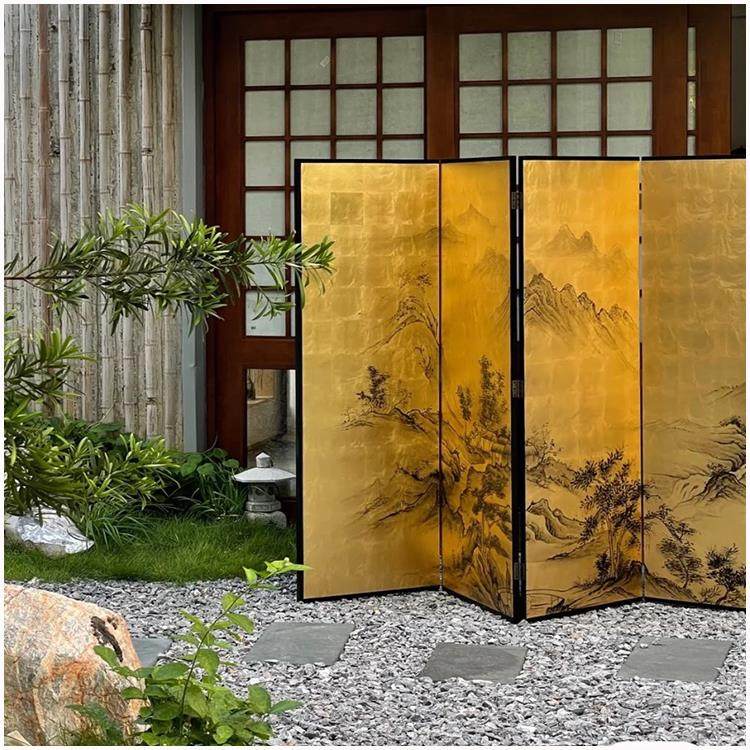 定制手绘山水漆画屏风客厅办公室折叠移动玄关中式金箔隔断背景墙