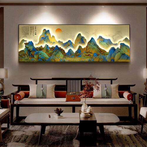 千里江山图客厅装饰画中式沙发背景墙挂画高级大气山水画立体发光