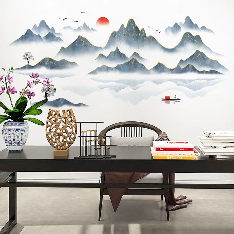热销2023现代简约新中式山水禅意电视背景墙壁纸贴画客厅沙发装饰