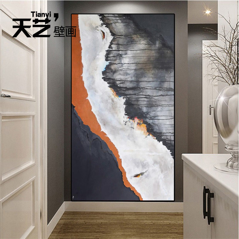 热销抽象玄关背景墙壁纸现代油画客厅轻奢简约壁画走廊过道竖版墙