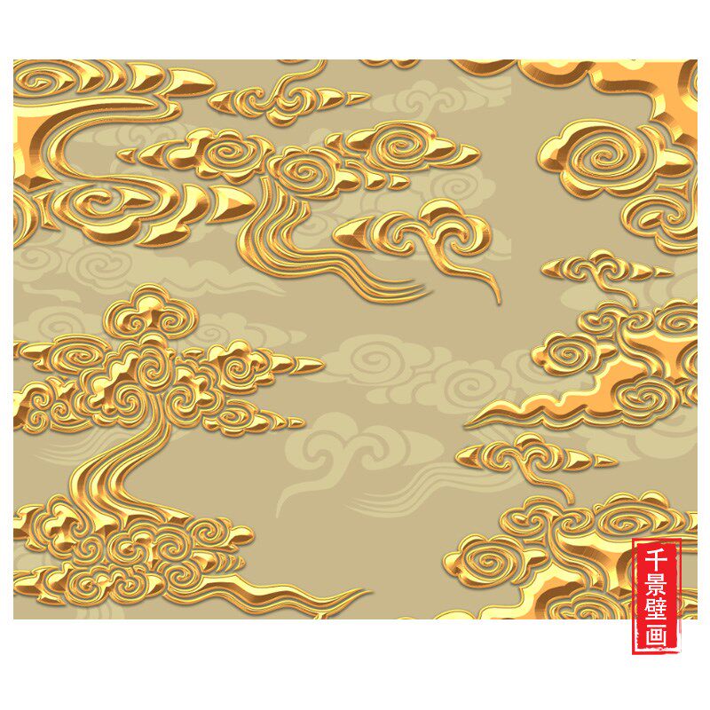 热销佛堂金色祥云图案壁纸中式客厅卧室壁龛背景墙布寺庙禅意神龛