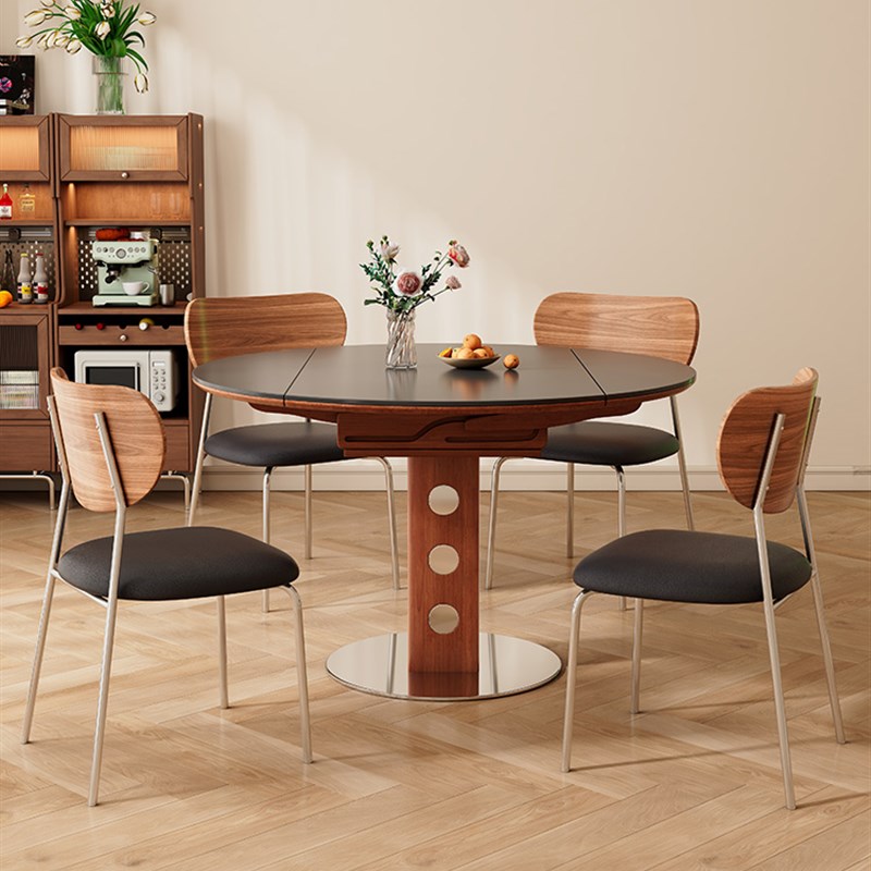 热销中古风可伸缩实木岩板餐桌包豪斯家用小户型折叠可变圆桌复古