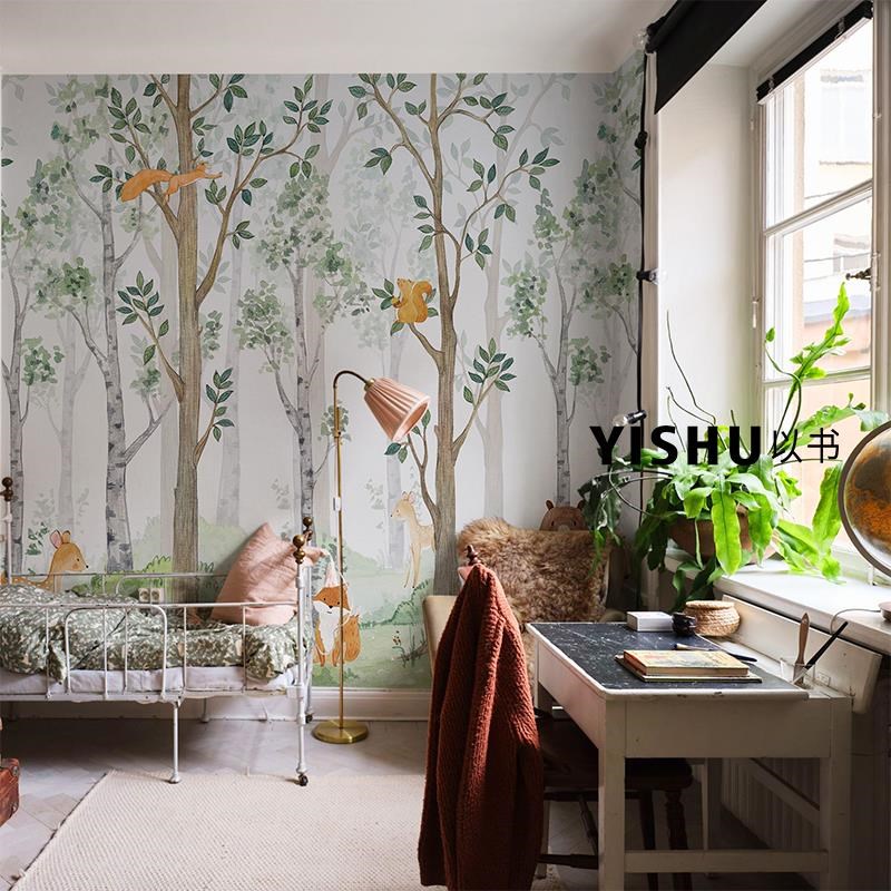 热销森林儿童房背景墙壁纸北欧水彩墙纸定制壁画男孩女孩卧室床头