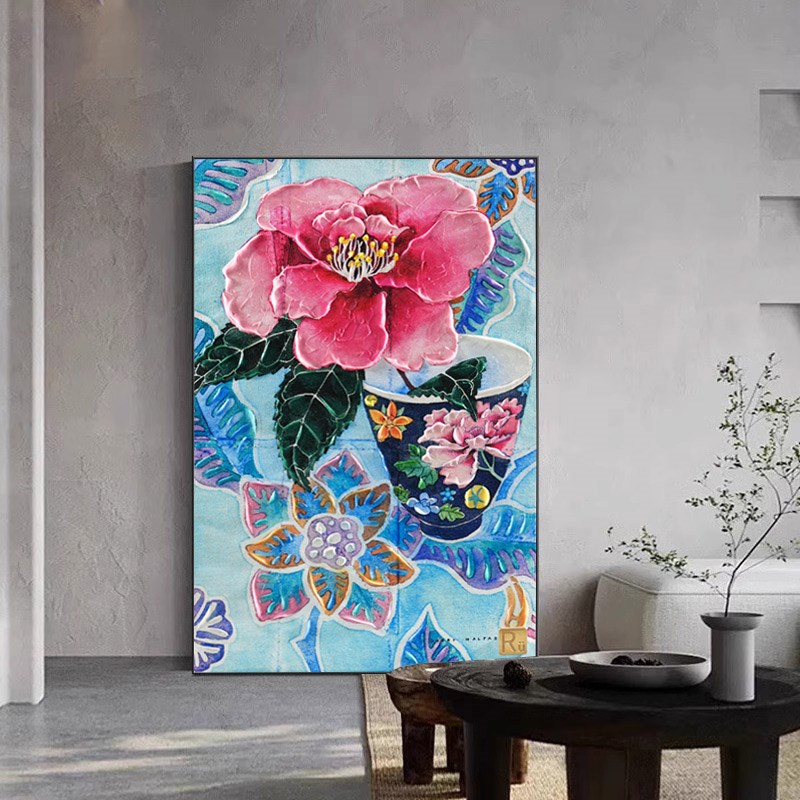 热销客厅装饰画牡丹花大气轻奢高级感手绘花卉肌理立体玄关电表箱图片