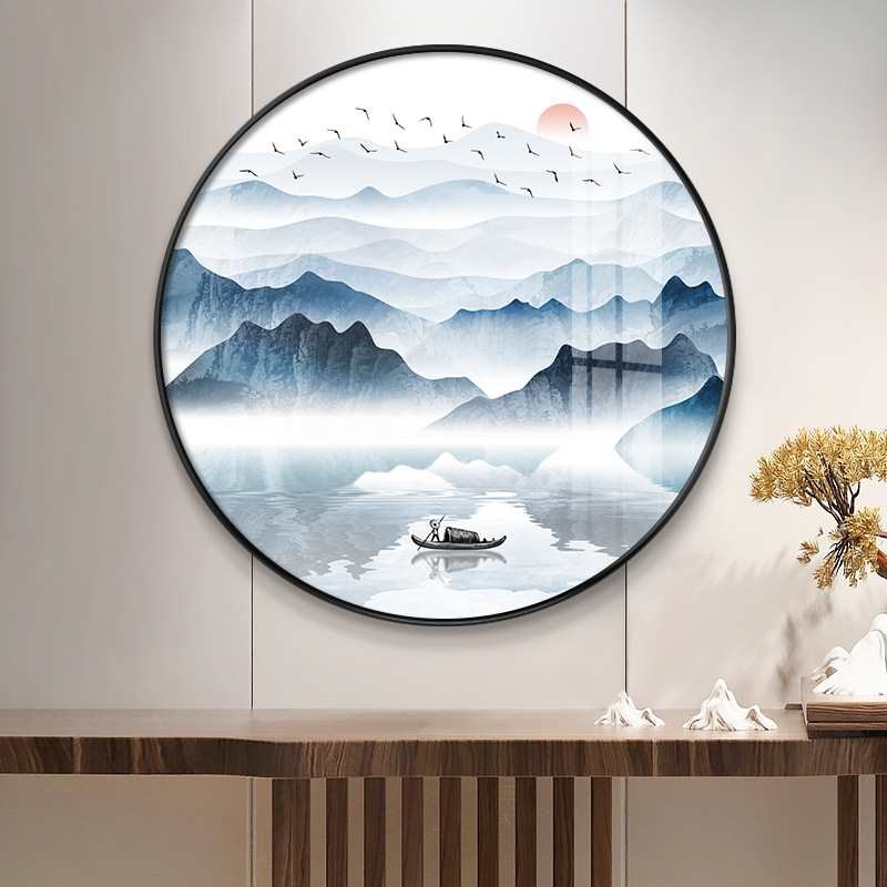 热销入户玄关装饰画圆形新中式玄幻山水画轻奢晶瓷壁画过道走廊挂图片