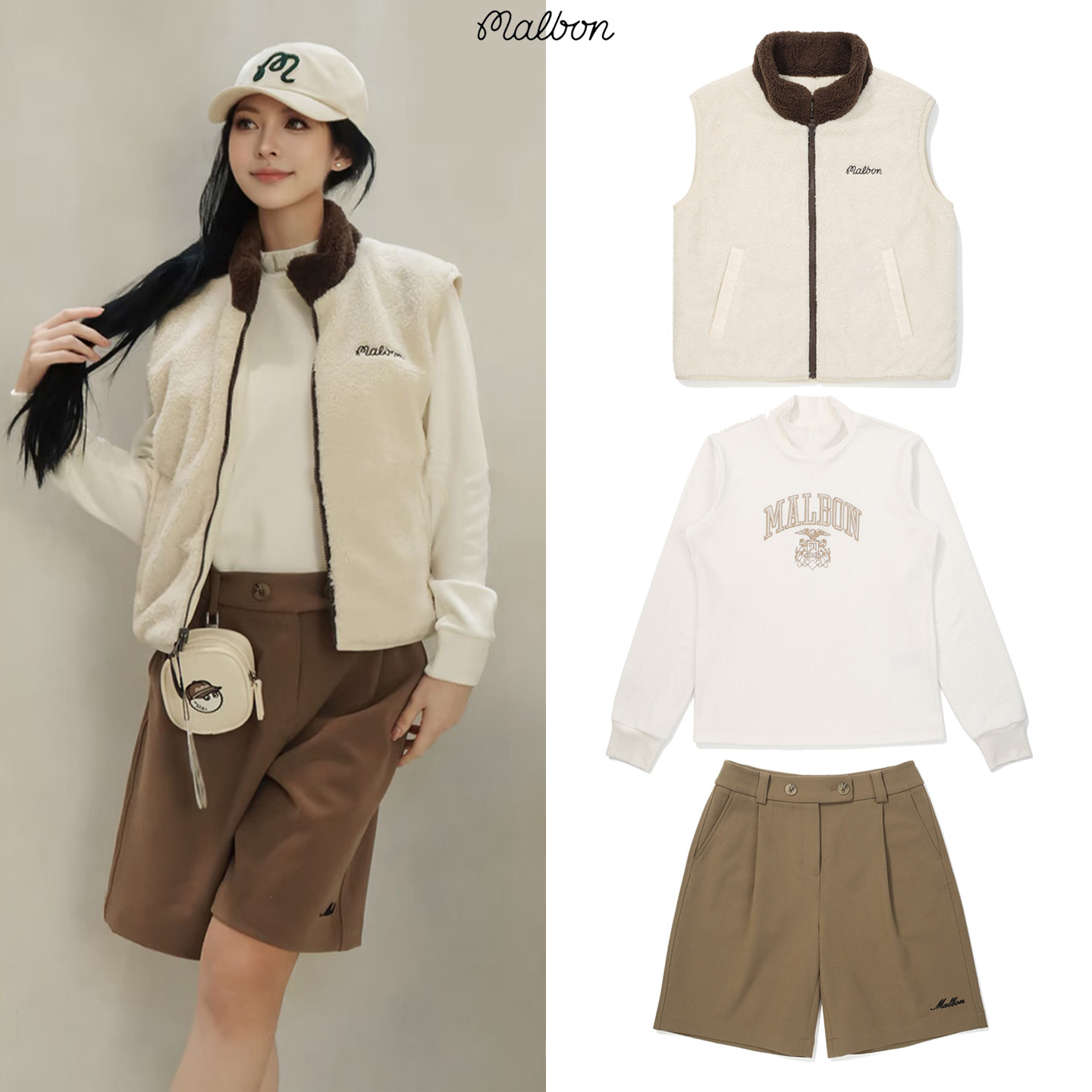 25冬季韩国MALBON高尔夫女装套装双面穿羽绒服马甲长袖打底衫短裤