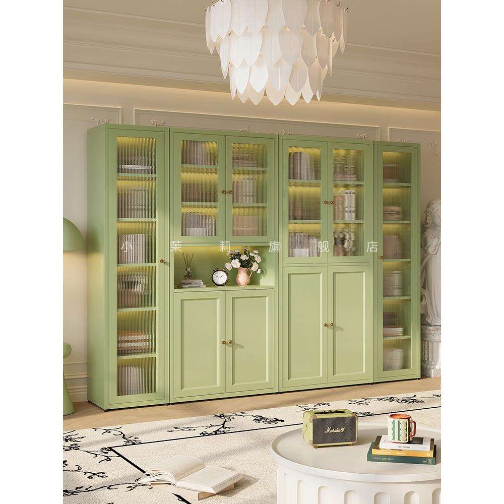 I法式玻璃门书柜奶油风铁艺置物柜储物柜家用书架客厅展示柜收纳