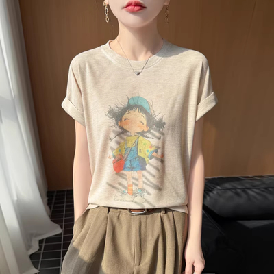 卡通印花短袖T恤女夏宽松圆领显瘦夏季精仿莱赛尔天丝针织衫上衣