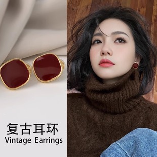 爆款 红色耳钉女2025新款 港风复古耳环轻奢高级感气质秋冬纯银耳饰