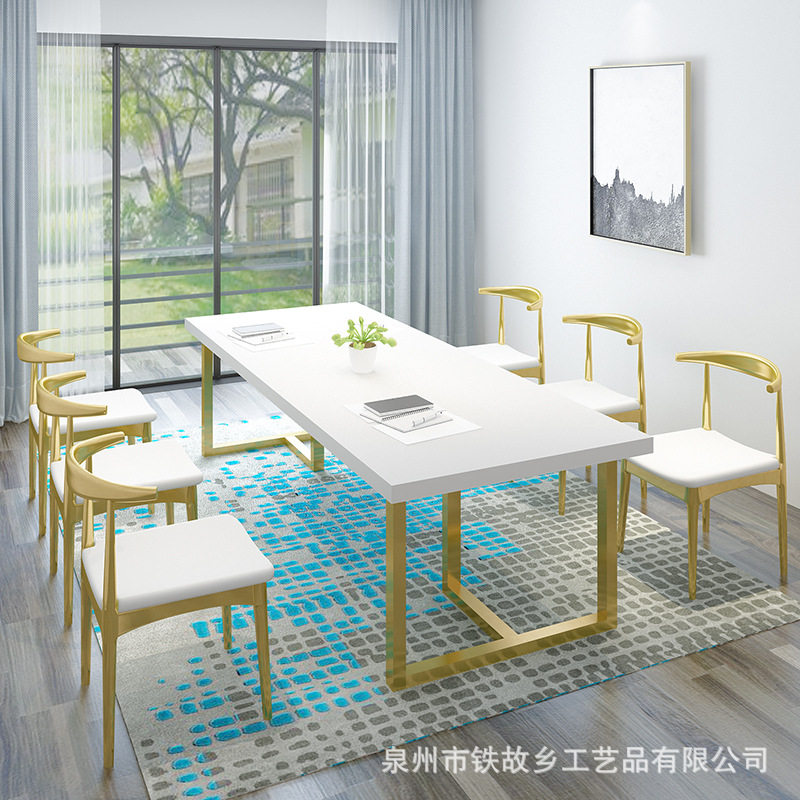 北欧轻奢风实木办公桌子铁艺白色家用长条桌椅组合公司会议桌椅