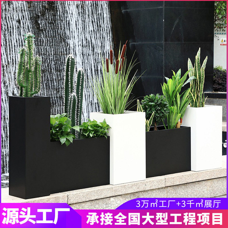 户外玻璃钢花箱商场花盆不锈钢落地花器售楼部广场花坛种植长花槽