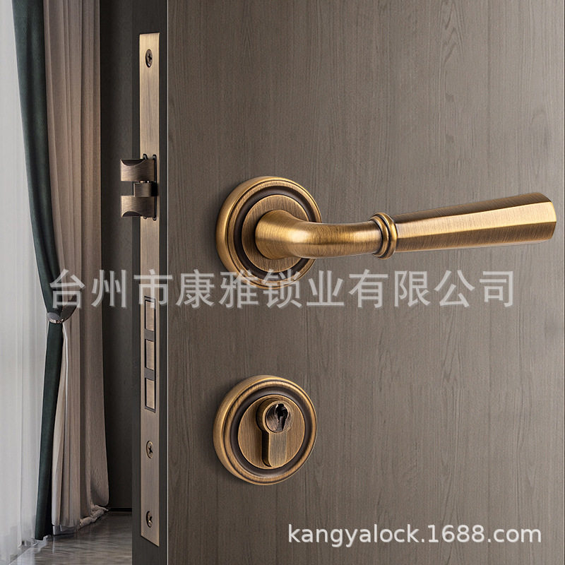 黄铜金色门锁室内卧室美式门把手复古静音房门锁分体锁黄铜木门锁