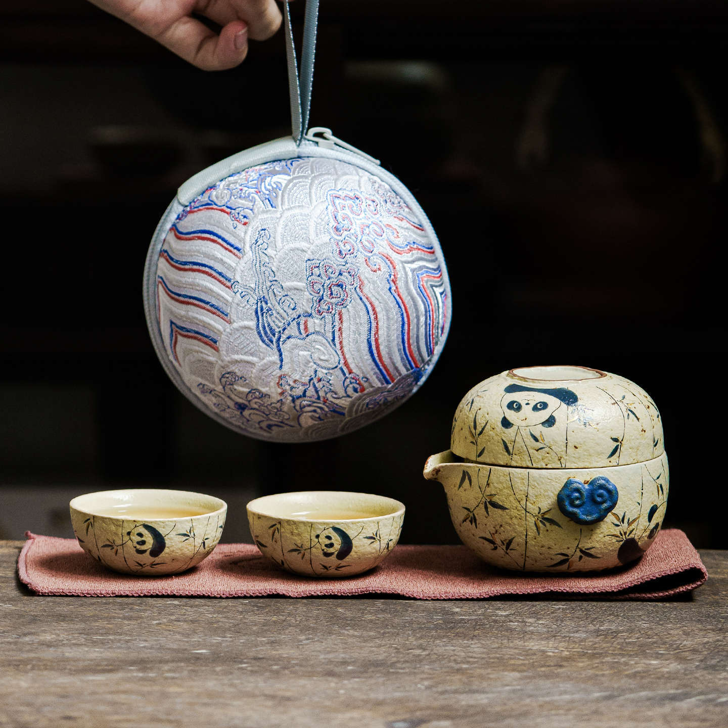 青花火石红陶瓷旅行茶具套装泡茶器具户外露营便携茶壶随身快客杯