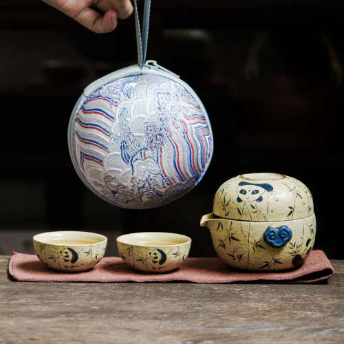 青花火石红陶瓷旅行茶具套装泡茶器具户外露营便携茶壶随身快客杯