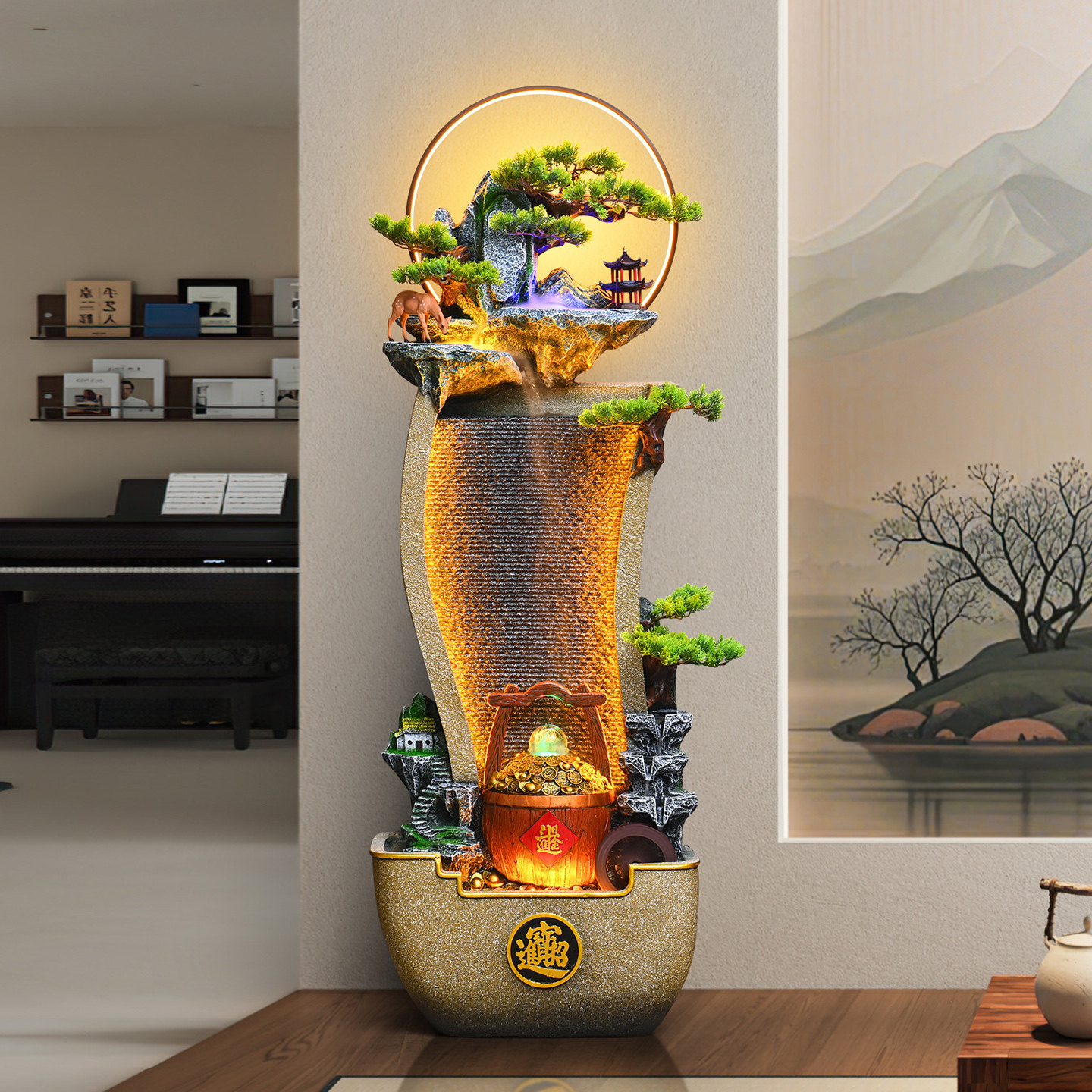 新中式风车流水摆件循环水客厅水幕墙办公室假山生财喷泉装饰水景,家居饰品,流水摆件,淘宝优惠券,粉丝福利购,淘宝优惠卷