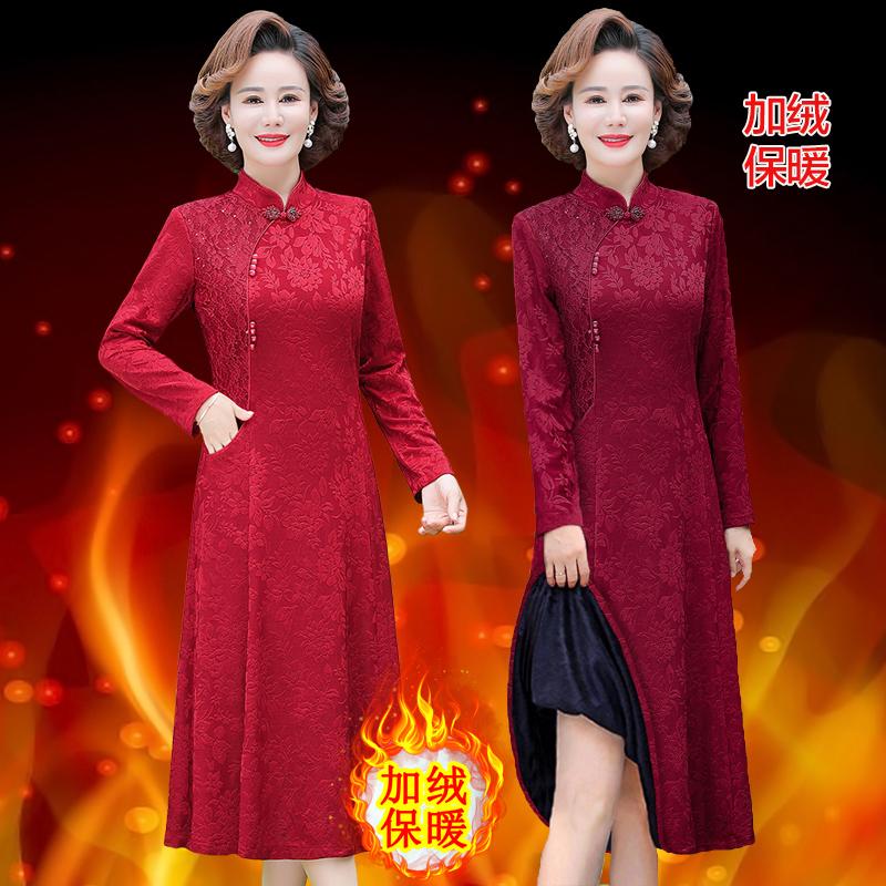 中老年妈妈装秋冬新款加绒连衣裙