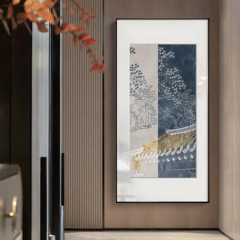 新中式线描古建筑玄关装饰画走廊过道挂画酒店竖版壁画厂家