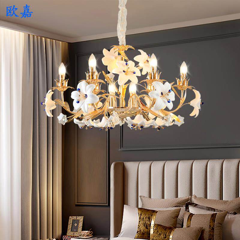 欧式客厅餐厅卧室别墅复式楼花朵法式陶瓷百合奢华水晶吊灯