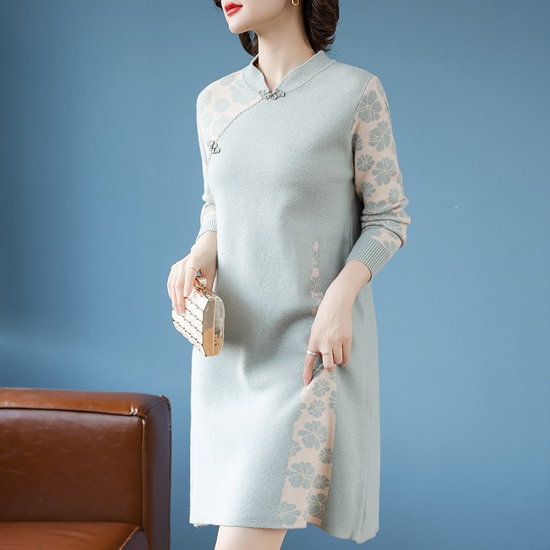 妈妈秋冬装旗袍领连衣裙中年女装春装中长款打底衫中老年针织裙子