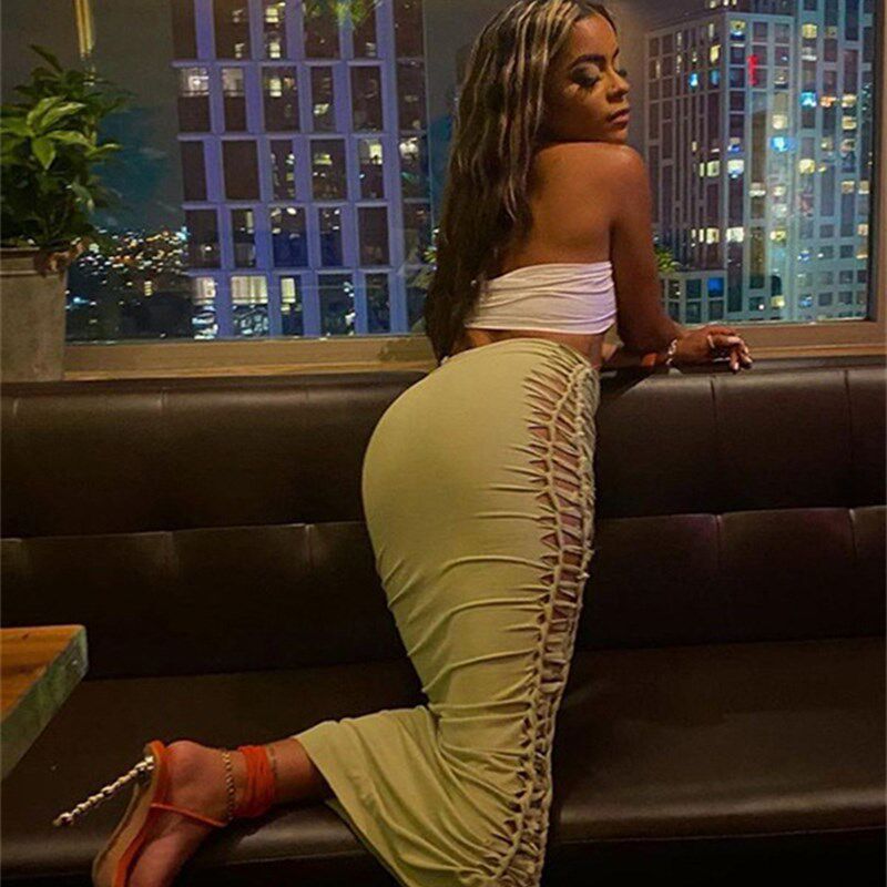 Nibber Summer Solid Color Skirt Hollow Fold Design Elastic W