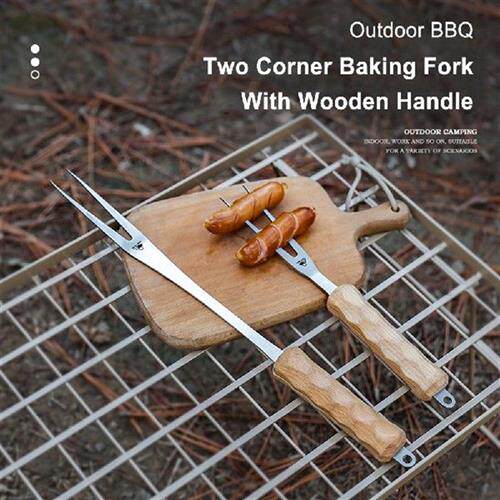 Barbecue Fork Stainless Steel Skewers Hot Dog Fork Wooden