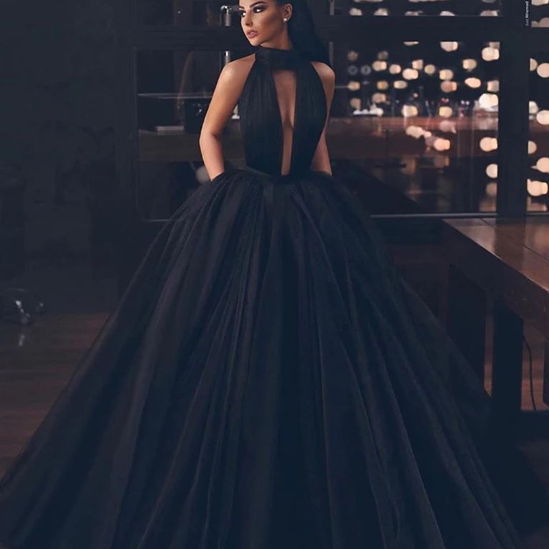 Black Backless Tulle Floor Length Prom Gown Long Formal Home