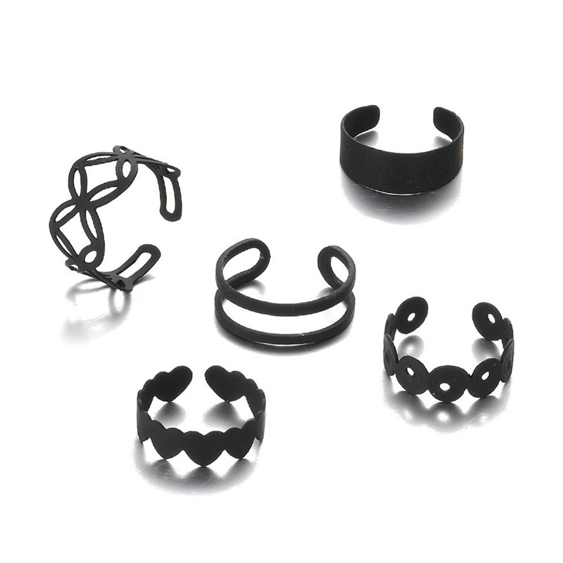 Peach heart hollow black geometric ring 5-piece set戒指5件套