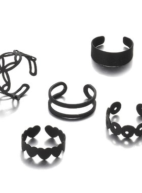Peach heart hollow black geometric ring 5-piece set戒指5件套