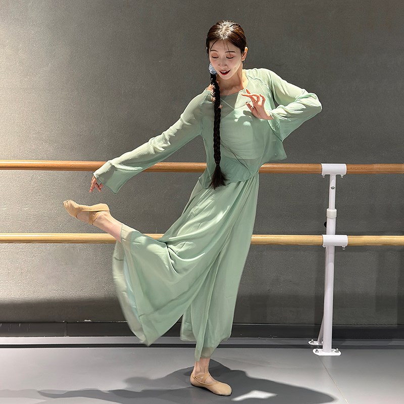 古典舞飘逸舞蹈服雪纺阔腿裤绿舞蹈演出服练功裤古典舞韵瑜伽裤