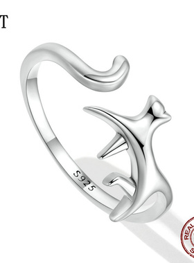 韩版时尚趣味猫咪开口戒指 可爱少女心动物925银戒指首饰高级感女