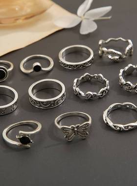 Ring set 11 Piece Set 做旧关节戒指组套11件套蝴蝶月亮蛇形戒指
