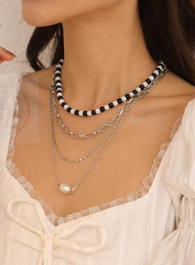 好货-N9819 new multi-layer necklace black and white beads pe