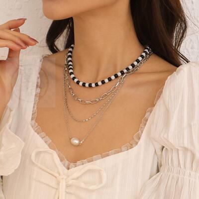 好货-N9819 new multi-layer necklace black and white beads pe