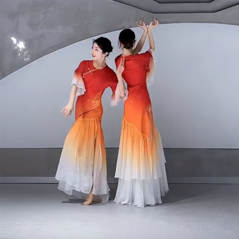 鲤美人女中国花朵旗袍披帛意古典舞舞蹈服古典舞舞红裙新款服飘逸
