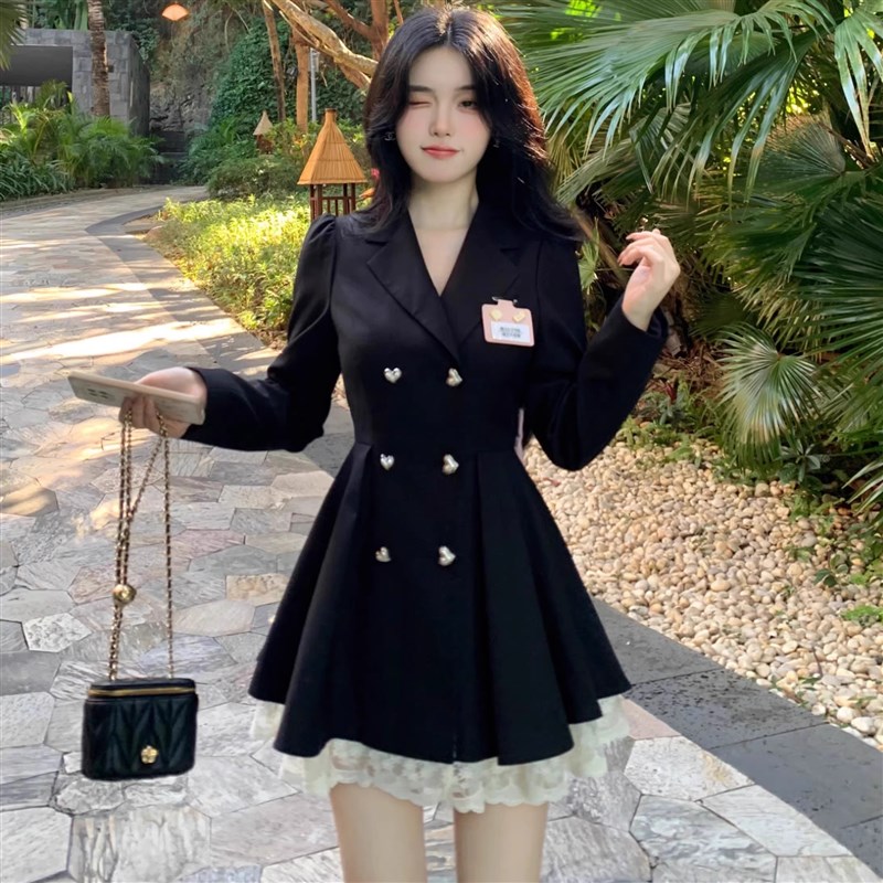 大码胖mm甜酷学院风西装连衣裙女士2024春秋季新款蝴蝶结蕾丝裙子